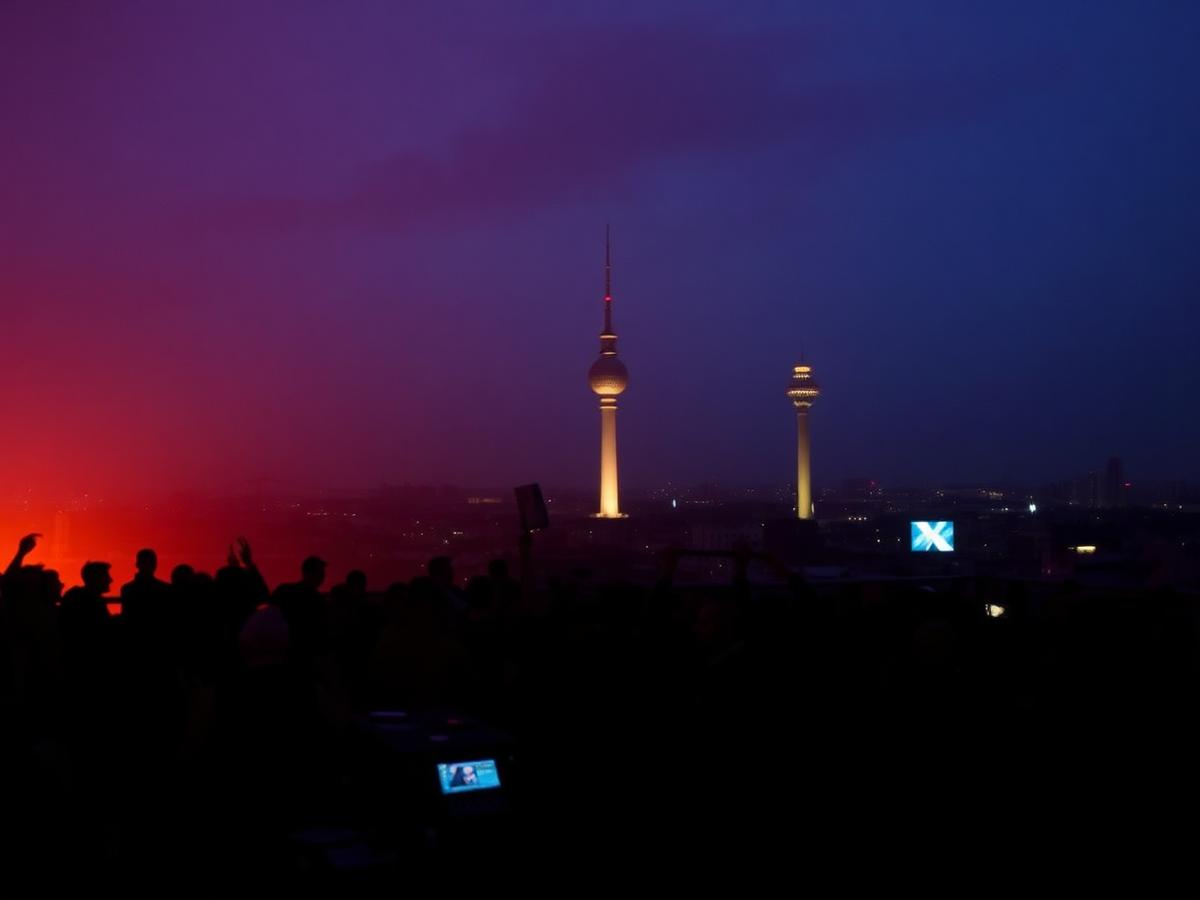 Berlin rooftop crowd at night with the TV tower behind