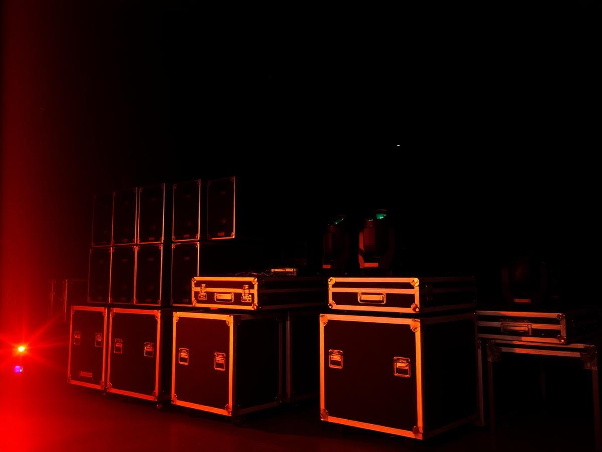 Sound and lighting equipment in a dark warehouse